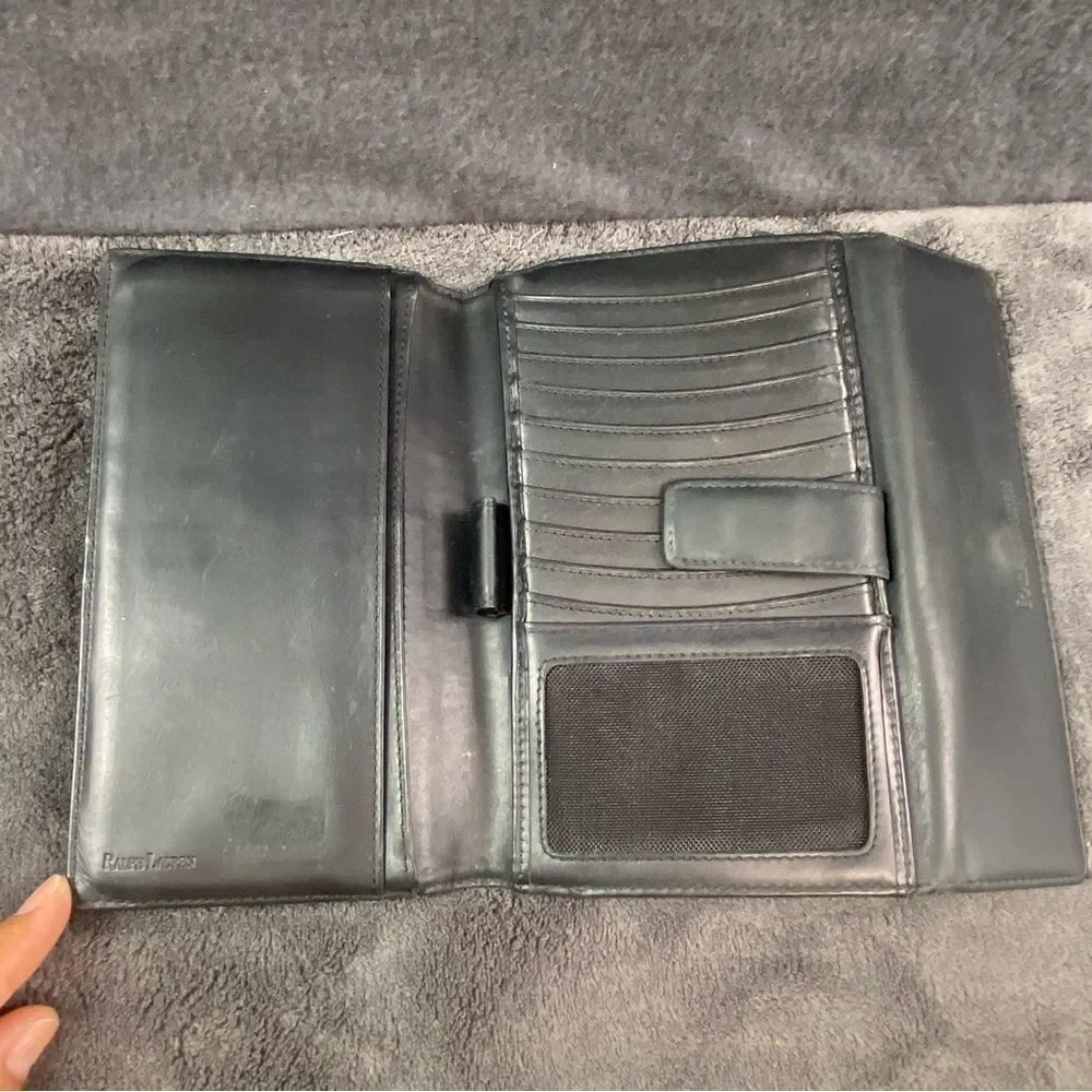 Ralph Lauren Bifold Wallet checkbook ID Card Credit Card Logo Navy Green Leather